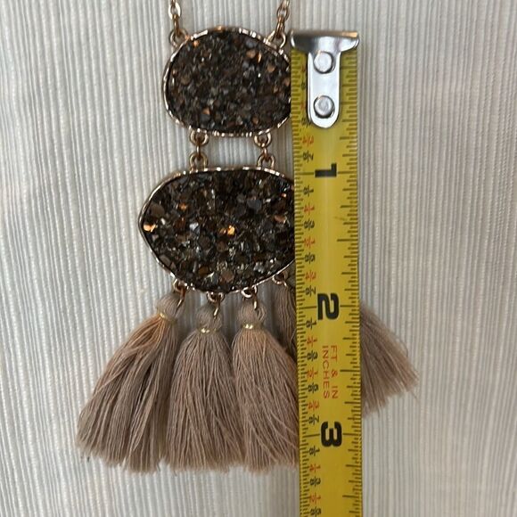 Long Gold Tone Necklace with Brown Rhinestone and Tan Tassels - Picture 3 of 3